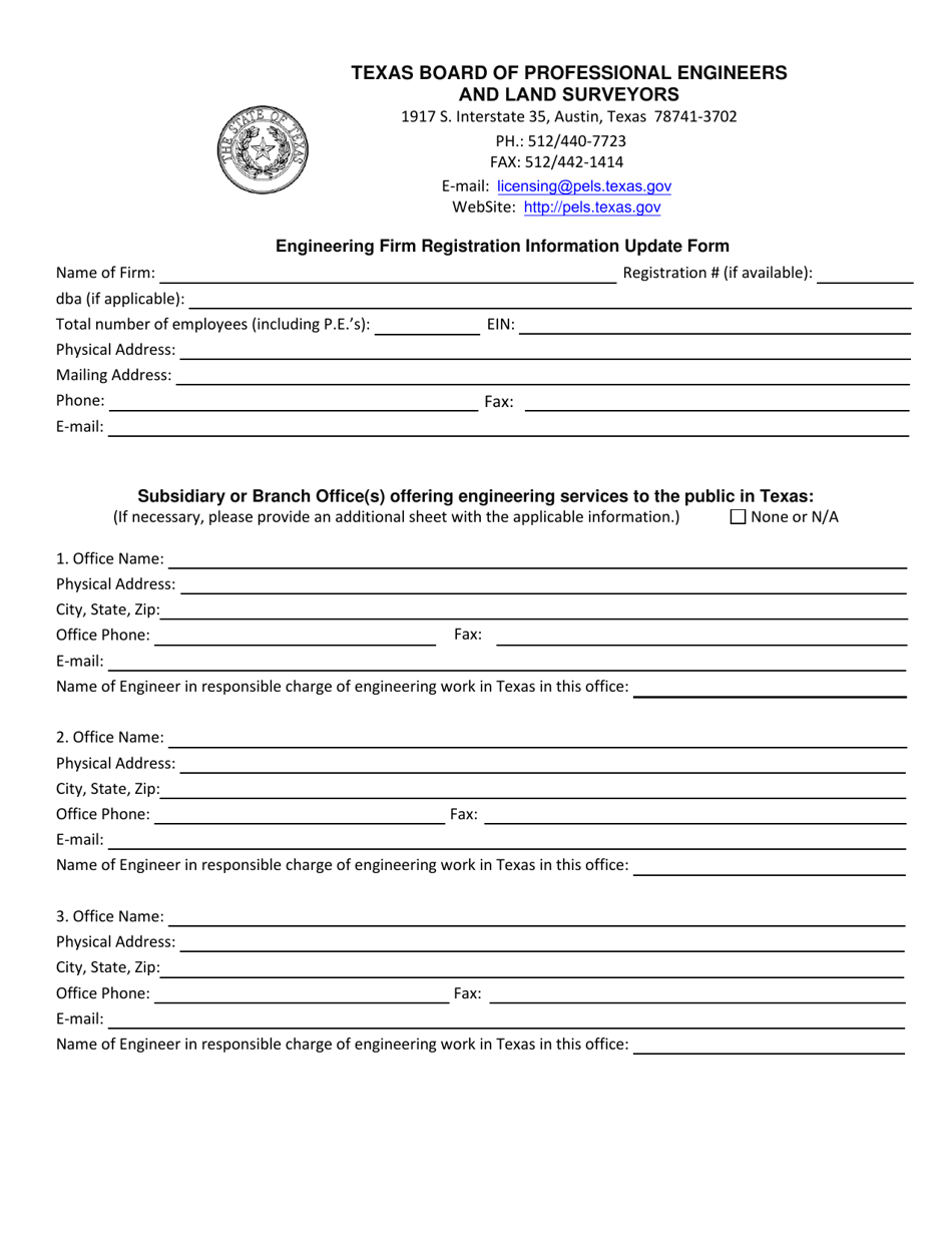 Engineering Firm Registration Information Update Form - Texas, Page 1