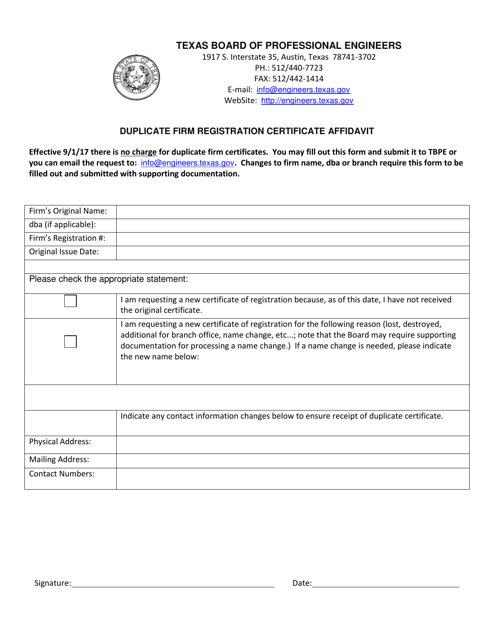 Duplicate Firm Registration Certificate Affidavit - Texas