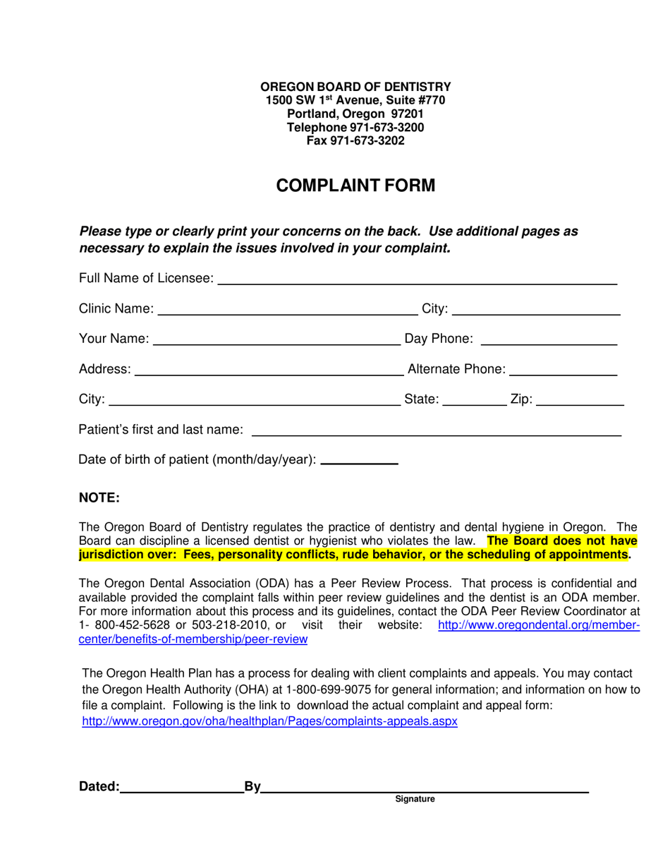 Complaint Form - Oregon, Page 3