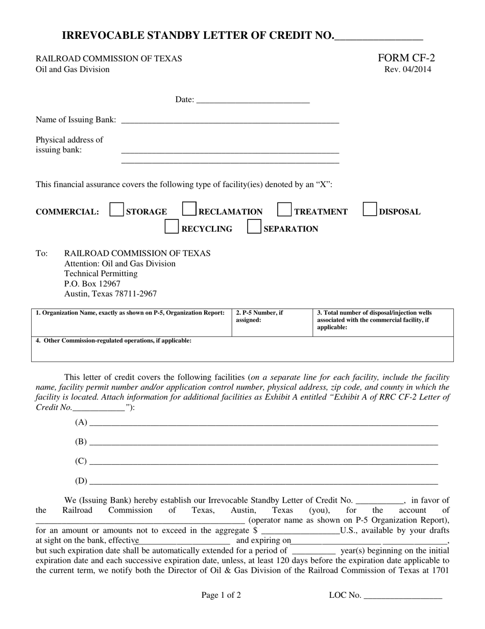 Form CF-2 Commercial Facility Irrevocable Standby Letter of Credit - Texas, Page 1