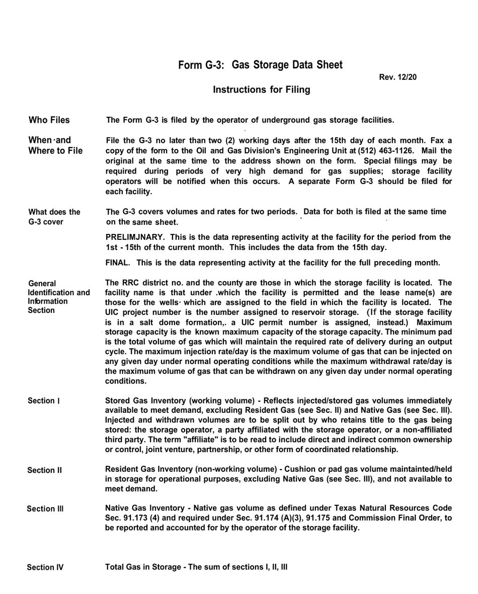 Instructions for Form G-3 Gas Storage Data Sheet - Texas, Page 1