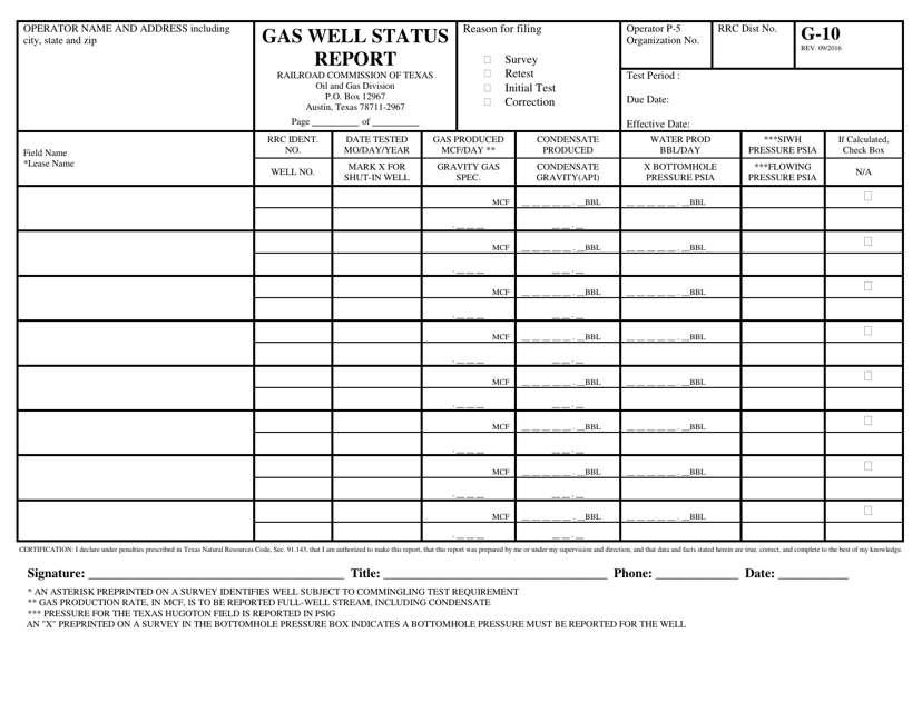 Form G-10 Gas Well Status Report - Texas