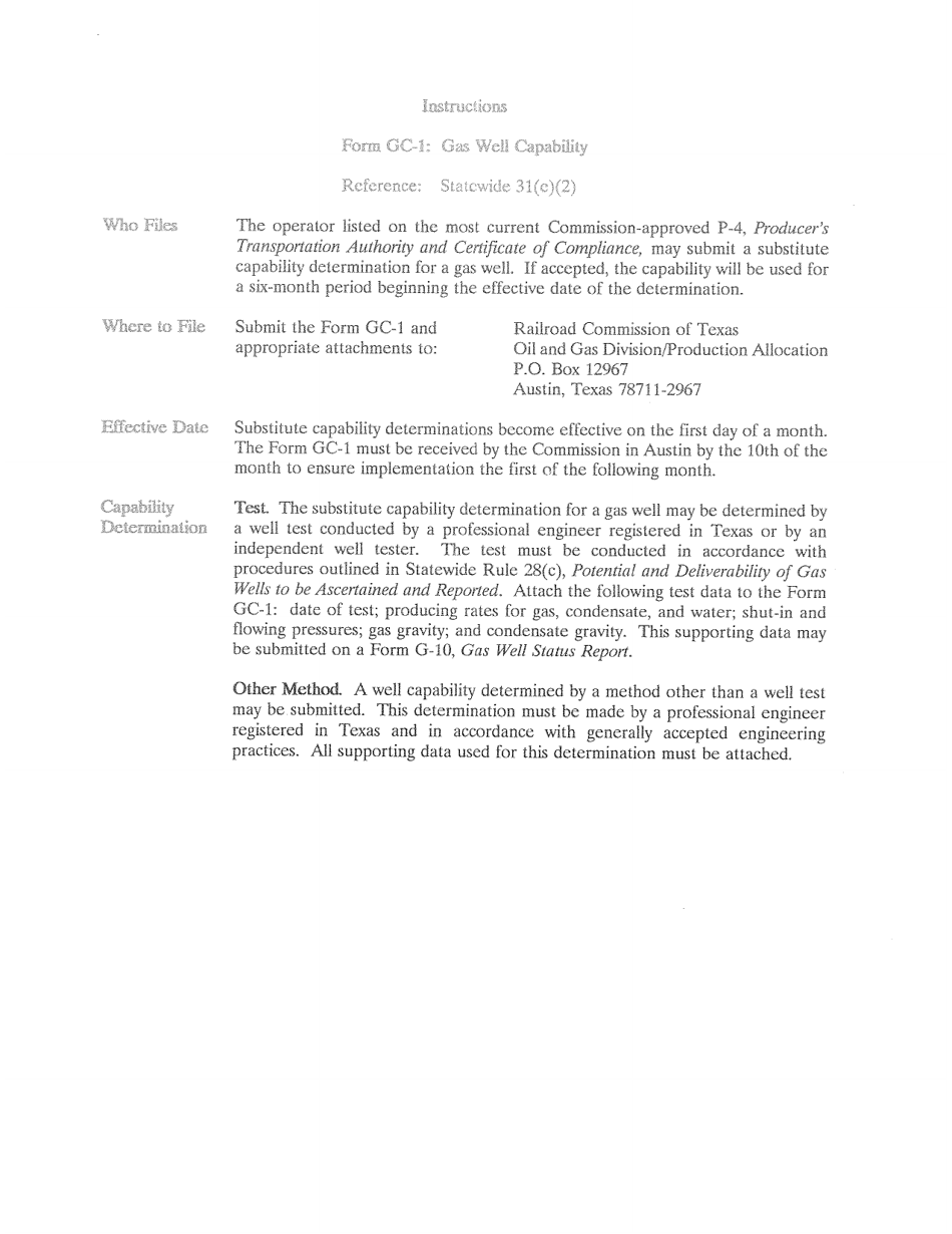 Instructions for Form GC-1 Gas Well Capability - Texas, Page 1