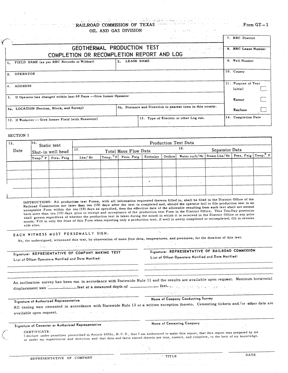 Form GT-1 Geothermal Production Test, Completion or Recompletion Report and Log - Texas, Page 1