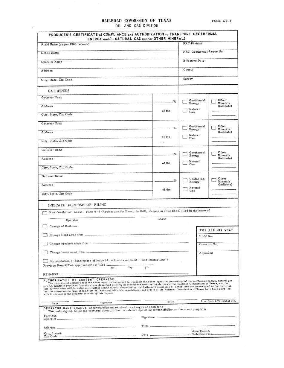 Form GT-4 Producers Certificate of Compliance and Authorization to Transport Geothermal Energy and / or Natural Gas and / or Other Materials - Texas, Page 1
