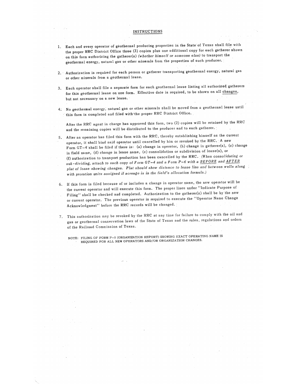 Instructions for Form GT-4 Producers Certificate of Compliance and Authorization to Transport Geothermal Energy and / or Natural Gas and / or Other Materials - Texas, Page 1