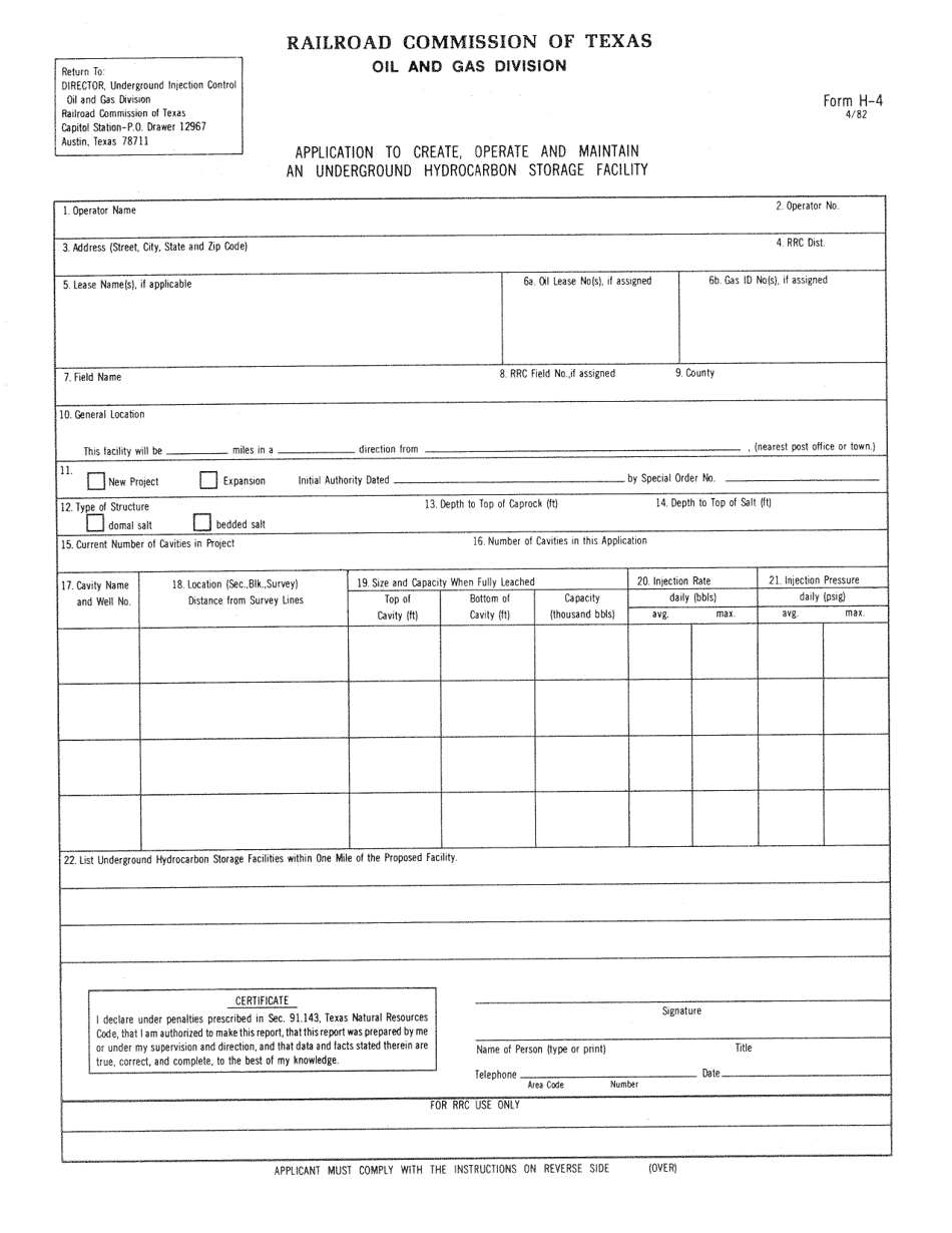Form H-4 Application to Create, Operate and Maintain an Underground Hydrocarbon Storage Facility - Texas, Page 1
