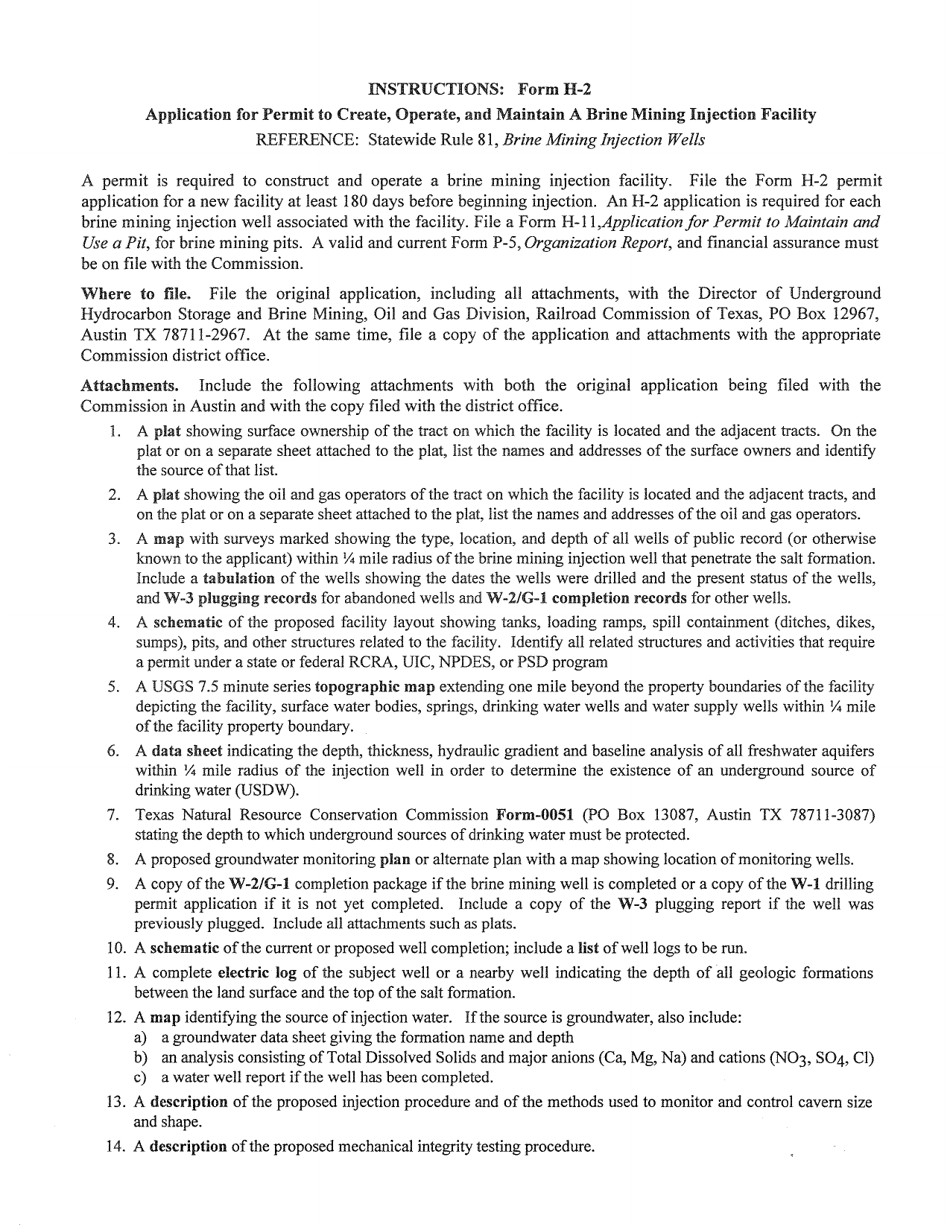 Instructions for Form H-2 Permit Application to Create, Operate, and Maintain a Brine Mining Facility - Texas, Page 1