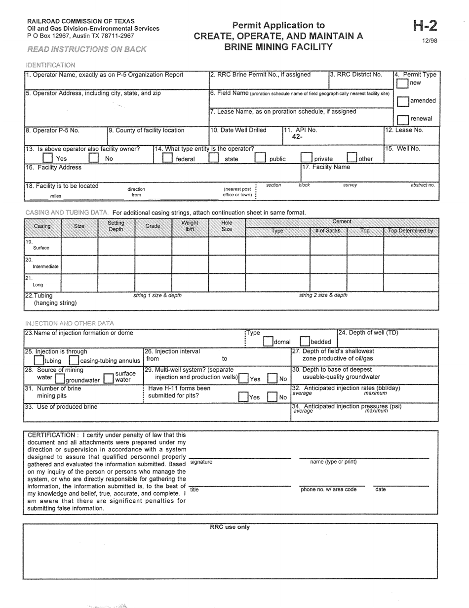 Form H-2 Permit Application to Create, Operate, and Maintain a Brine Mining Facility - Texas, Page 1