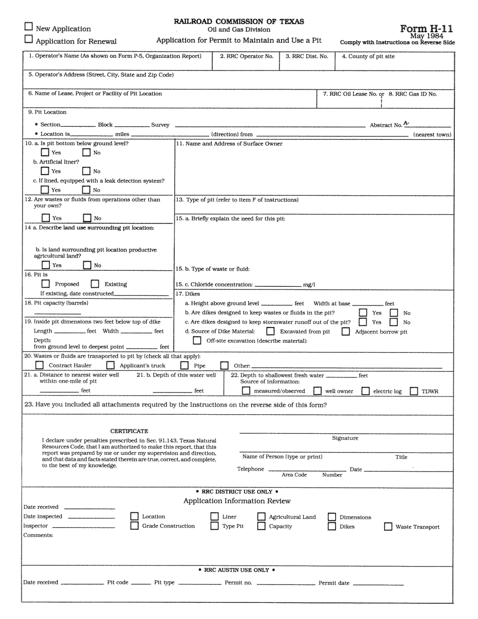 Form H-11 Application for Permit to Maintain and Use a Pit - Texas, Page 1