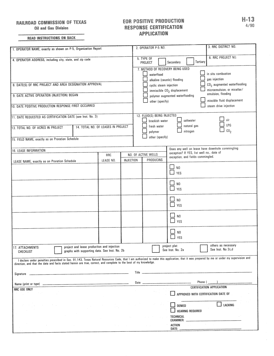 Form H-13 Eor Positive Production Response Certification Application - Texas, Page 1
