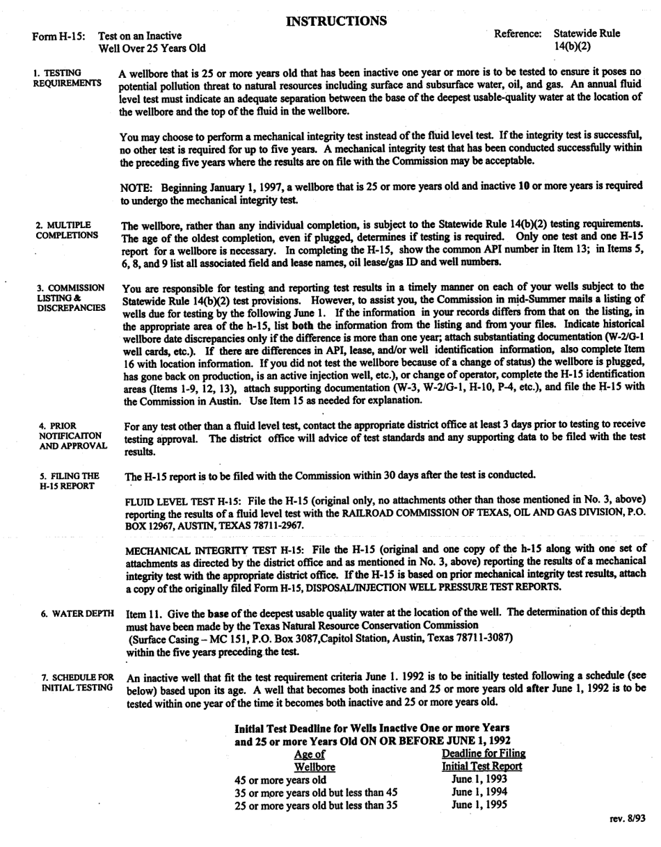 Instructions for Form H-15 Test on an Inactive Well More Than 25 Years Old - Texas, Page 1
