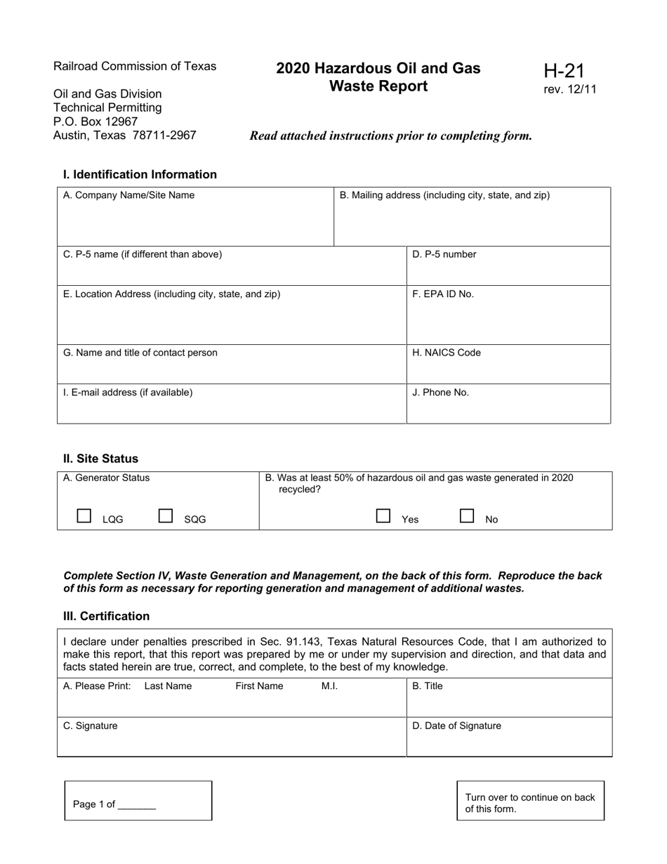 Form H-21 Hazardous Oil and Gas Waste Report - Texas, Page 1