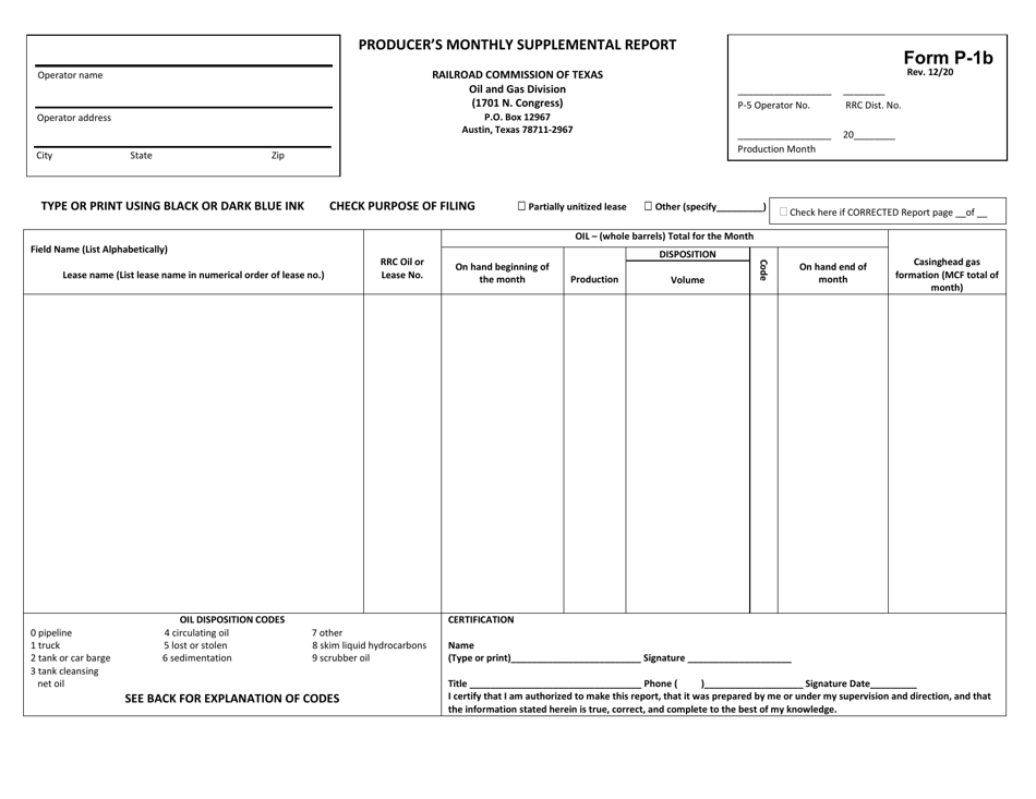 Form P-1B Producers Monthly Supplemental Report - Texas, Page 1