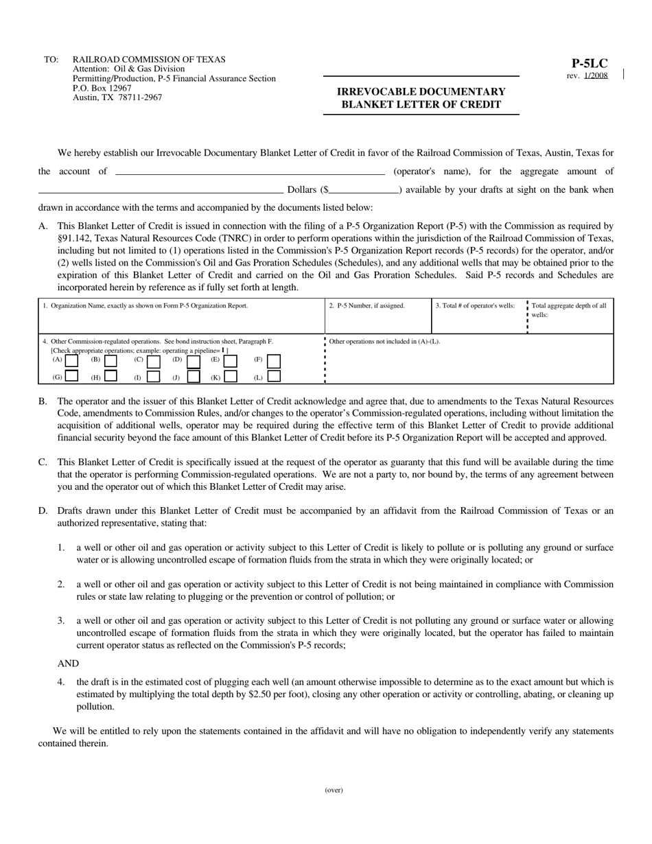 Form P-5LC Irrevocable Documentary Blanket Letter of Credit - Texas, Page 1