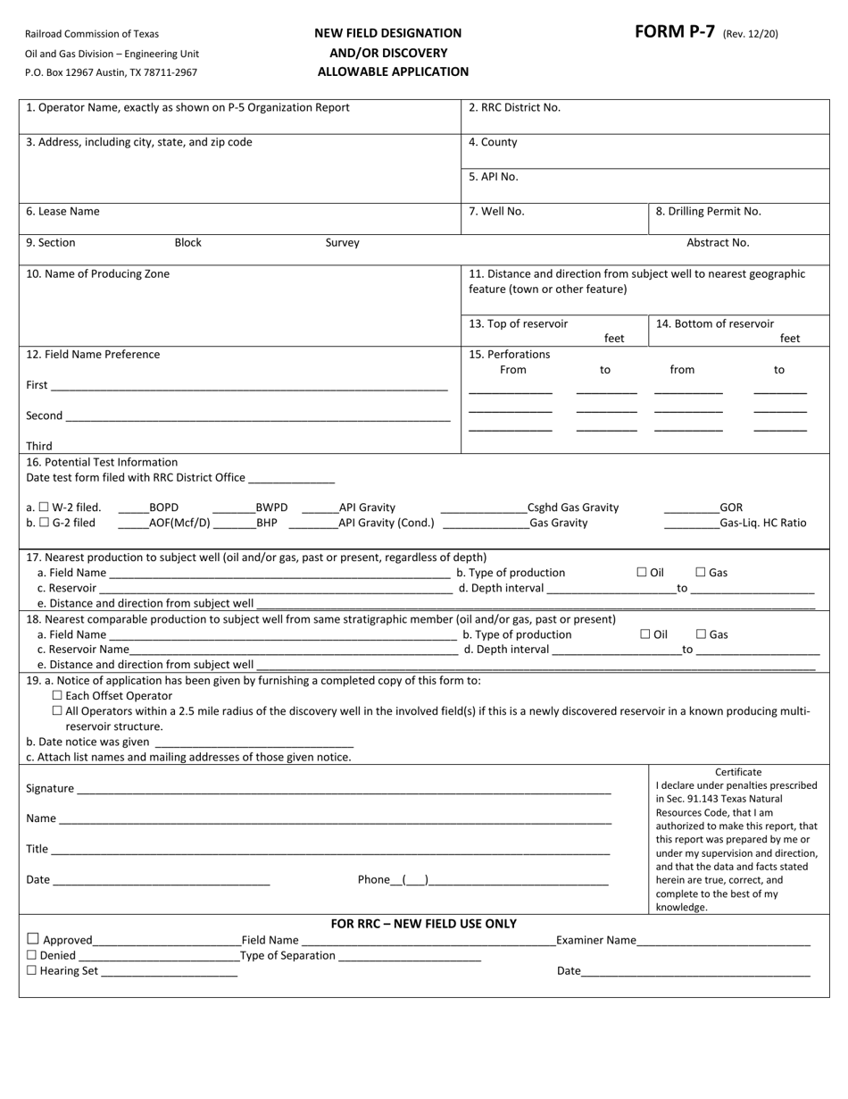 Form P-7 New Field Designation and / or Discovery Allowable Application - Texas, Page 1
