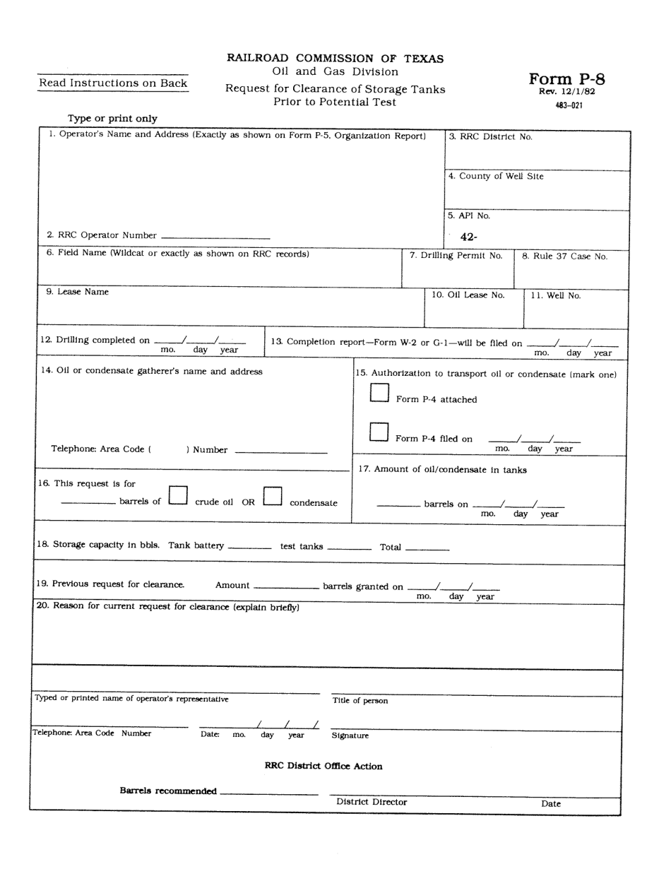 Form P-8 Request for Clearance of Storage Tanks Prior to Potential Test - Texas, Page 1