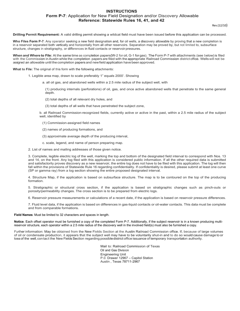 Instructions for Form P-7 New Field Designation and / or Discovery Allowable Application - Texas, Page 1
