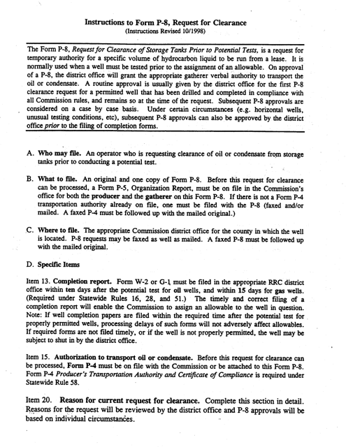 Instructions for Form P-8 Request for Clearance of Storage Tanks Prior to Potential Test - Texas