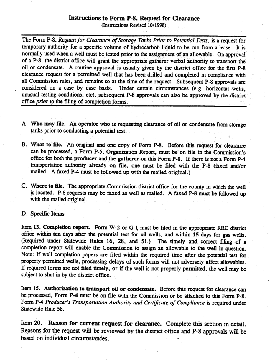 Instructions for Form P-8 Request for Clearance of Storage Tanks Prior to Potential Test - Texas, Page 1