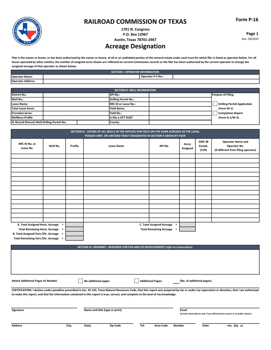 Form P-16 Acreage Designation - Texas, Page 1