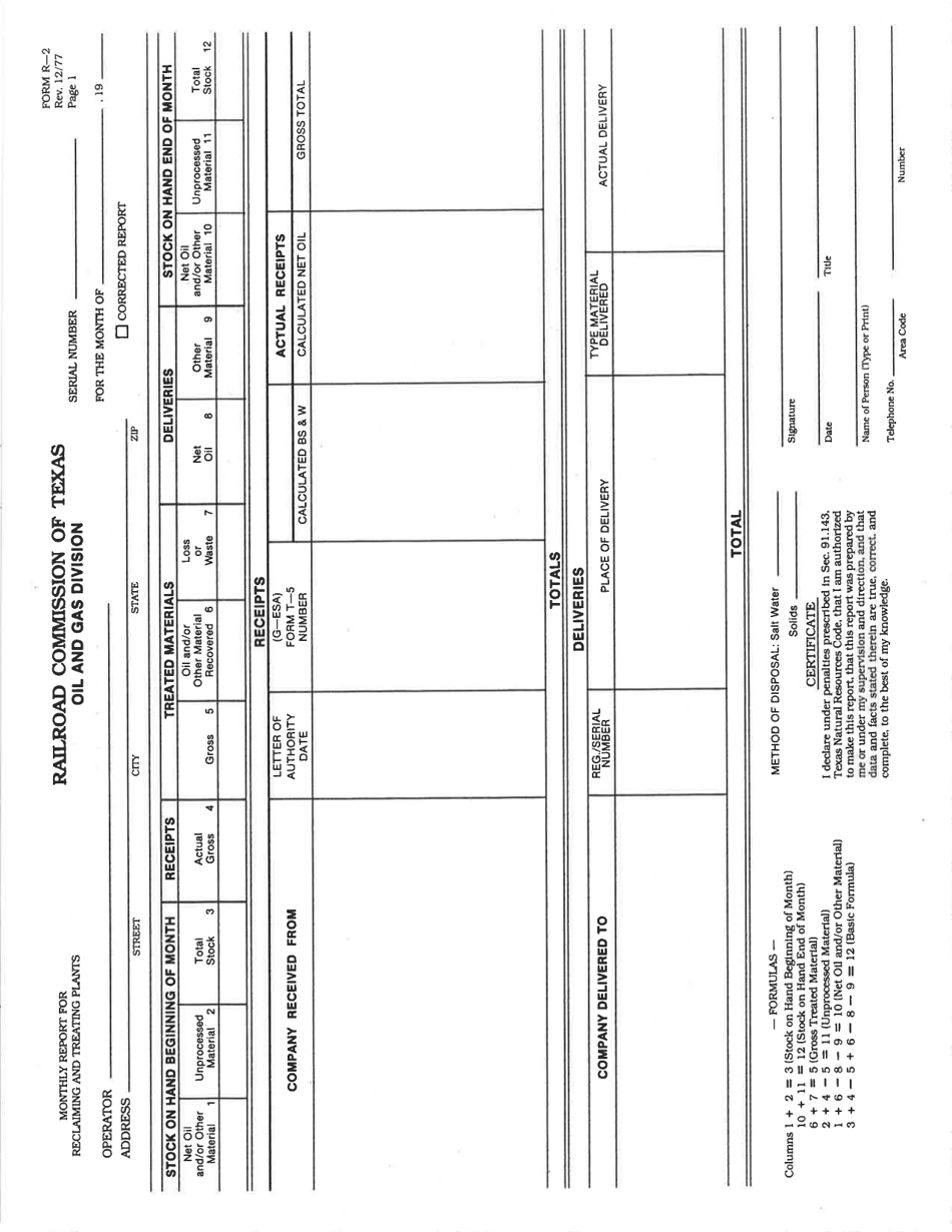 Form R-2 Monthly Report for Reclaiming and Treating Plants - Texas, Page 1
