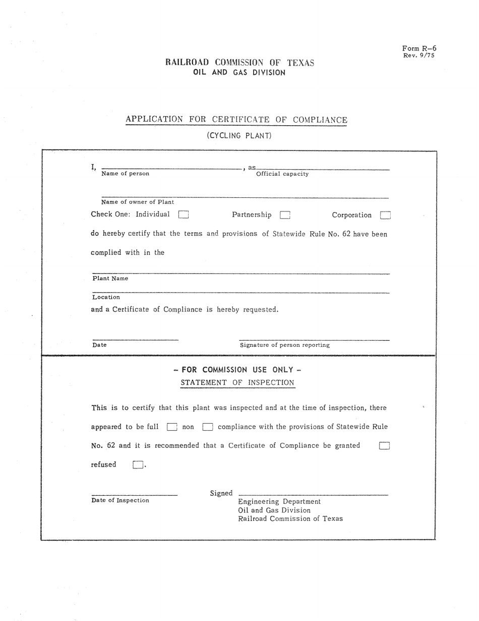 Form R-6 Application for Certificate of Compliance (Cycling Plant) - Texas, Page 1