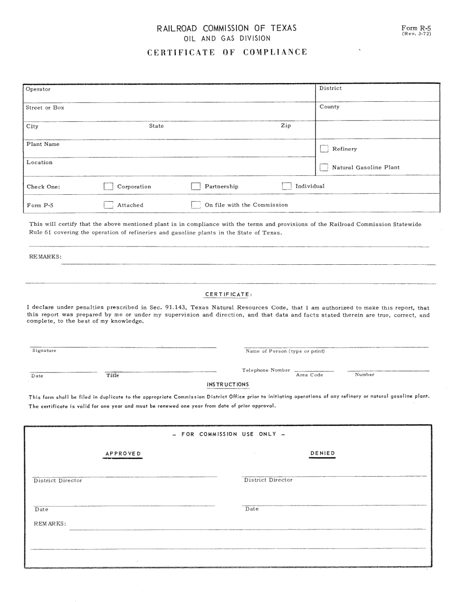 Form R-5 Certificate of Compliance - Texas, Page 1
