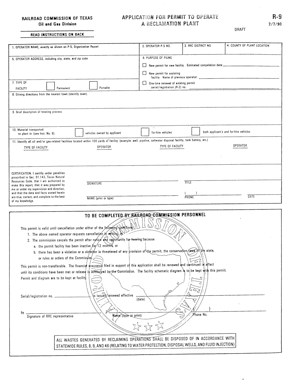 Form R-9 Application for Permit to Operate Reclamation Plant - Texas, Page 1