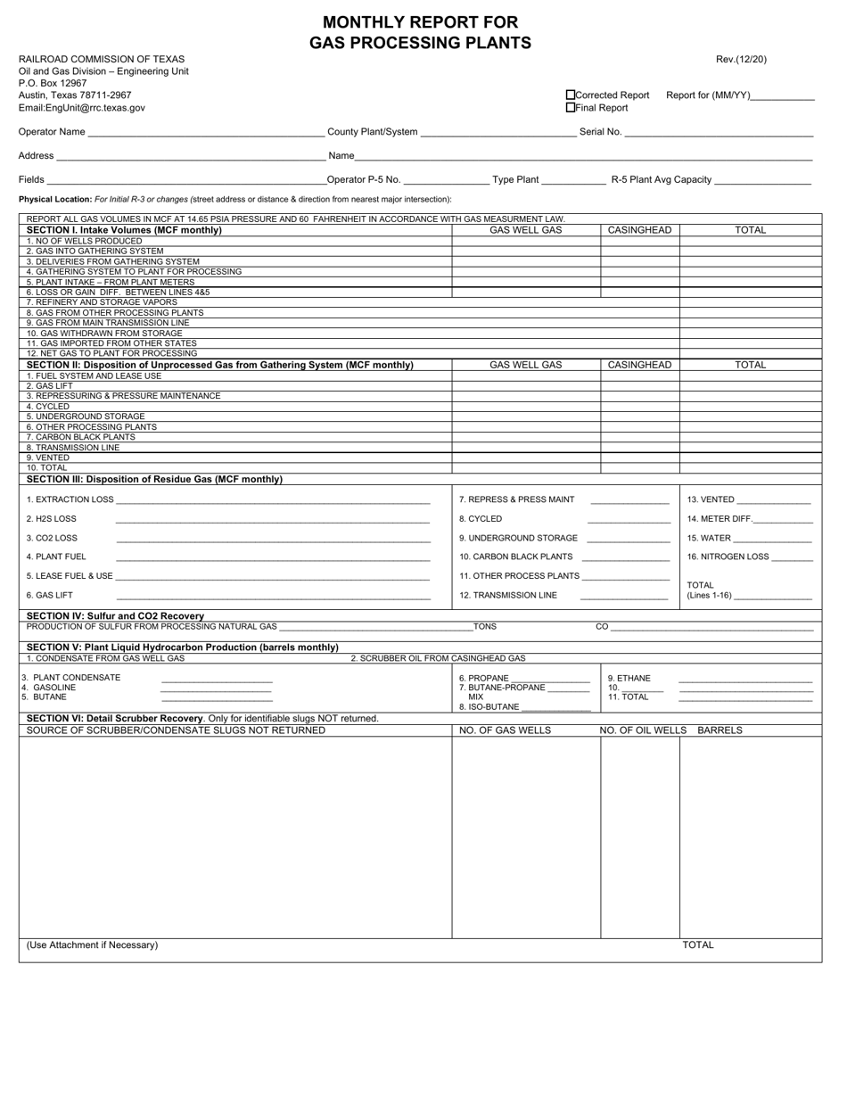 Form R-3 Monthly Report for Gas Processing Plants - Texas, Page 1
