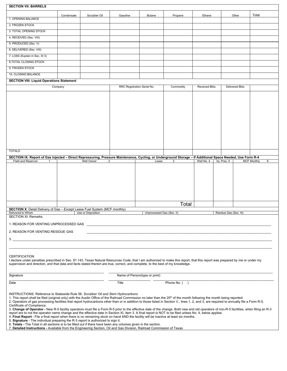 Form R-3 Monthly Report for Gas Processing Plants - Texas, Page 2