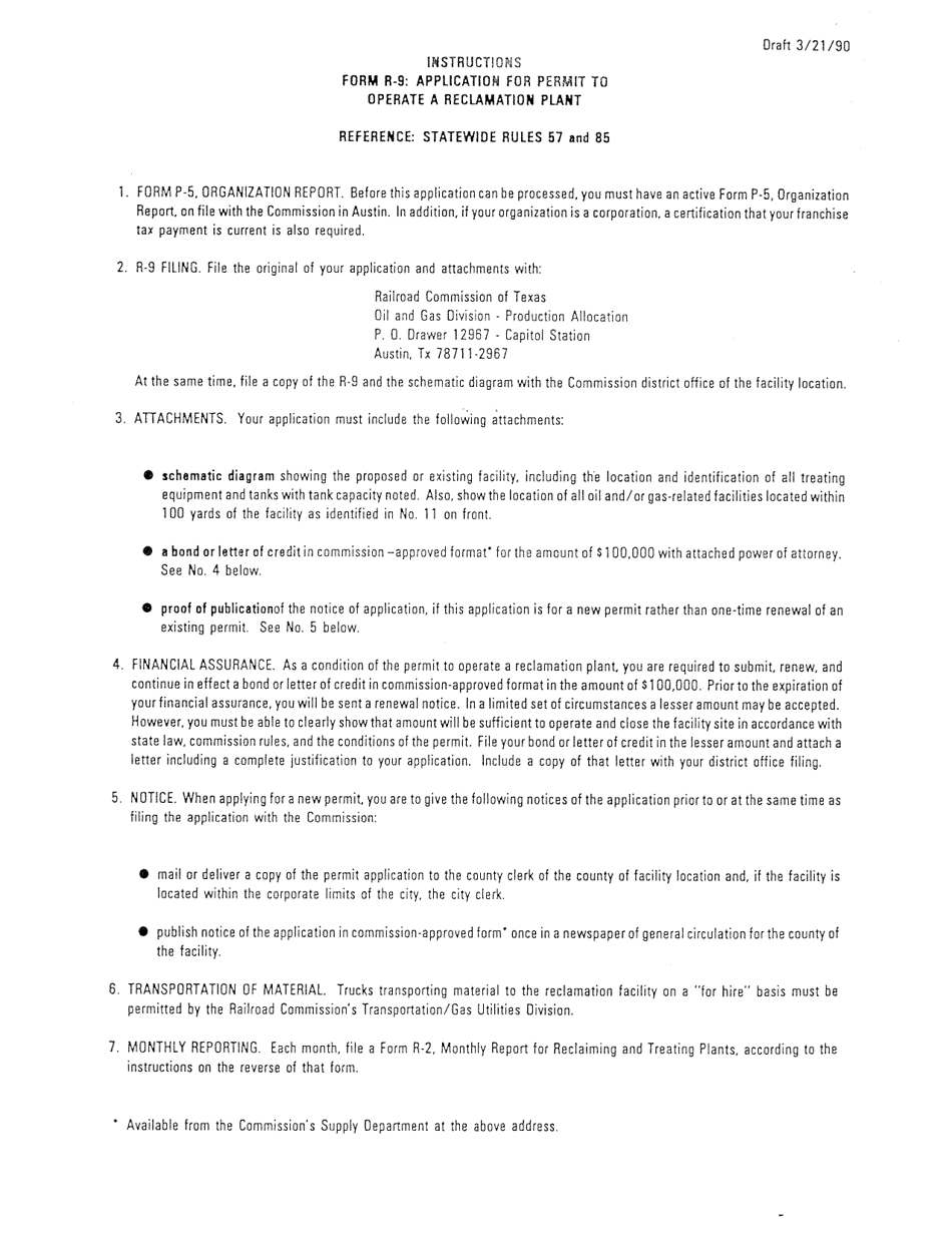 Instructions for Form R-9 Application for Permit to Operate a Reclamation Plant - Texas, Page 1