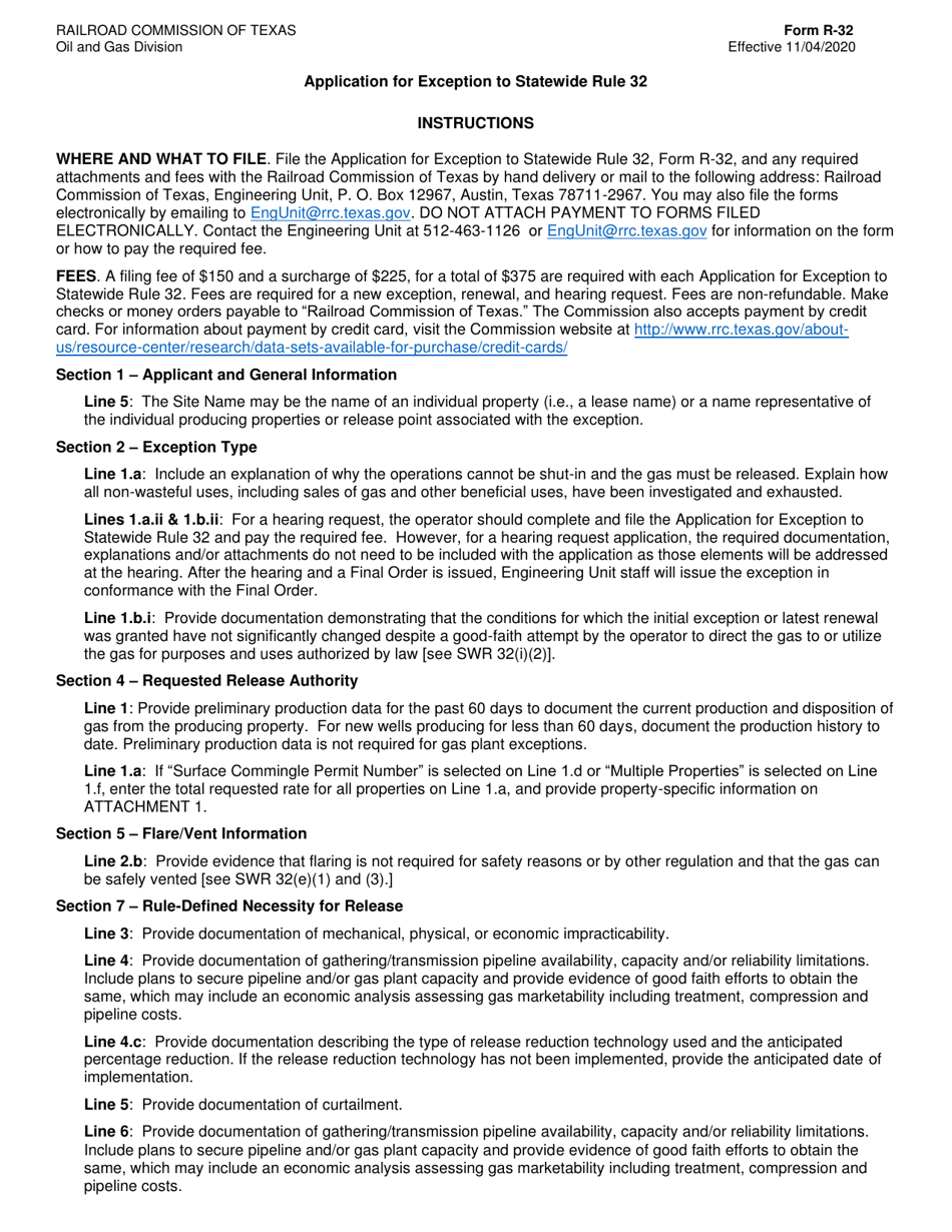 Instructions for Form R-32 Application for Exception to Statewide Rule 32 - Texas, Page 1