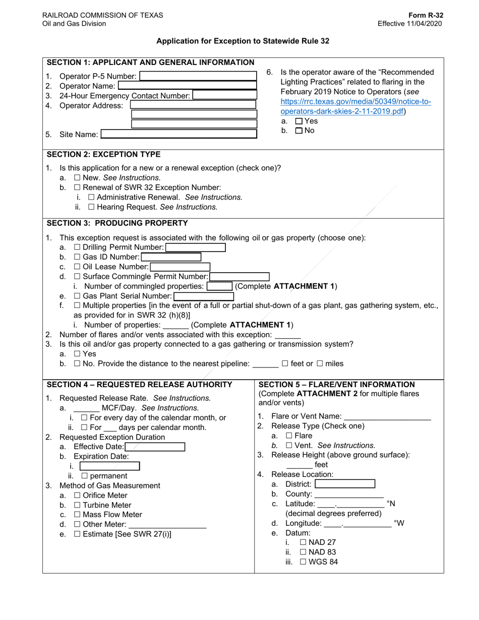Form R-32 Application for Exception to Statewide Rule 32 - Texas, Page 1