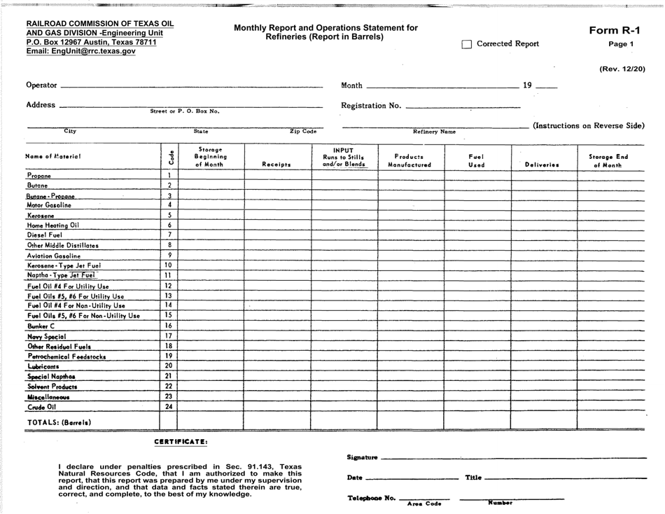 Form R-1 Monthly Report and Operations Statement for Refineries - Texas, Page 1