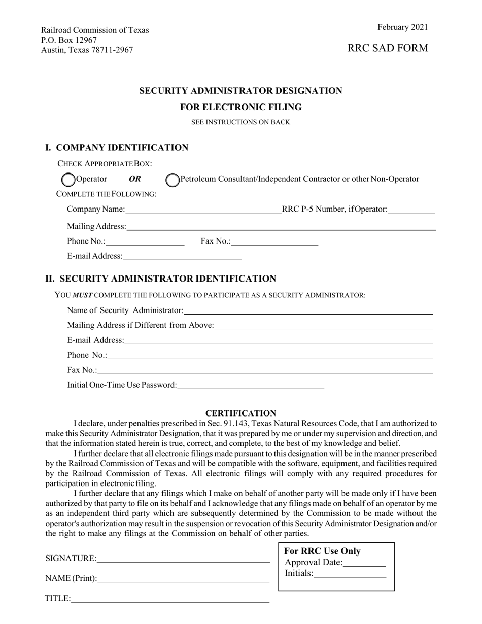 Security Administrator Designation for Electronic Filing - Texas, Page 1
