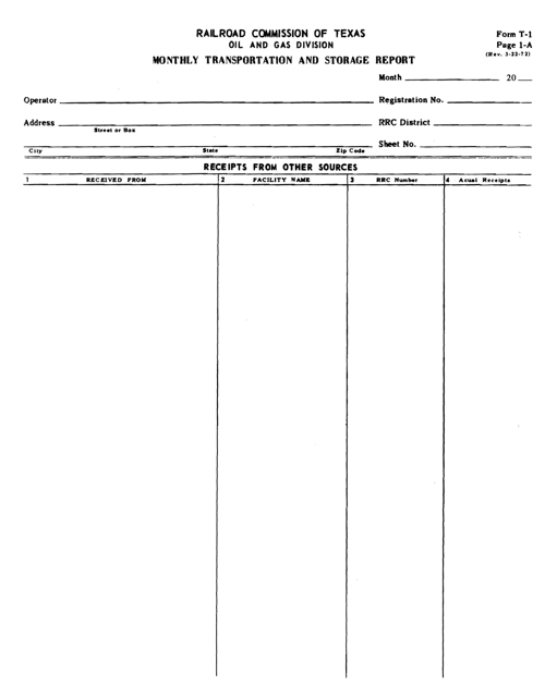 Form T-1 Page 1-A Monthly Transportation and Storage Report - Receipts From Other Sources - Texas