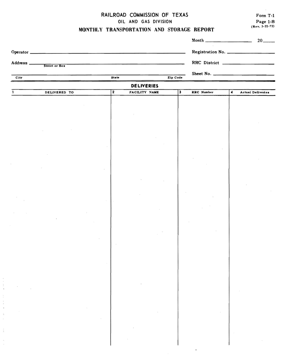 Form T-1 Page 1-B Monthly Transportation and Storage Report - Deliveries - Texas, Page 1