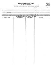 Document preview: Form T-1 Page 3 Monthly Transportation and Storage Report - Detail Statement of Stock on Hand - Texas