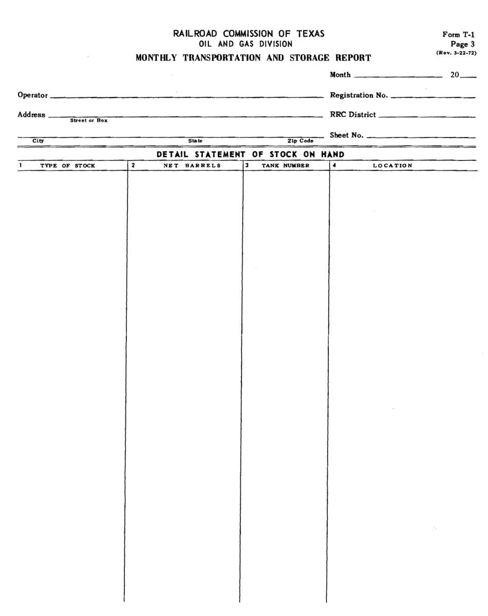Form T-1 Page 3 Monthly Transportation and Storage Report - Detail Statement of Stock on Hand - Texas, Page 1