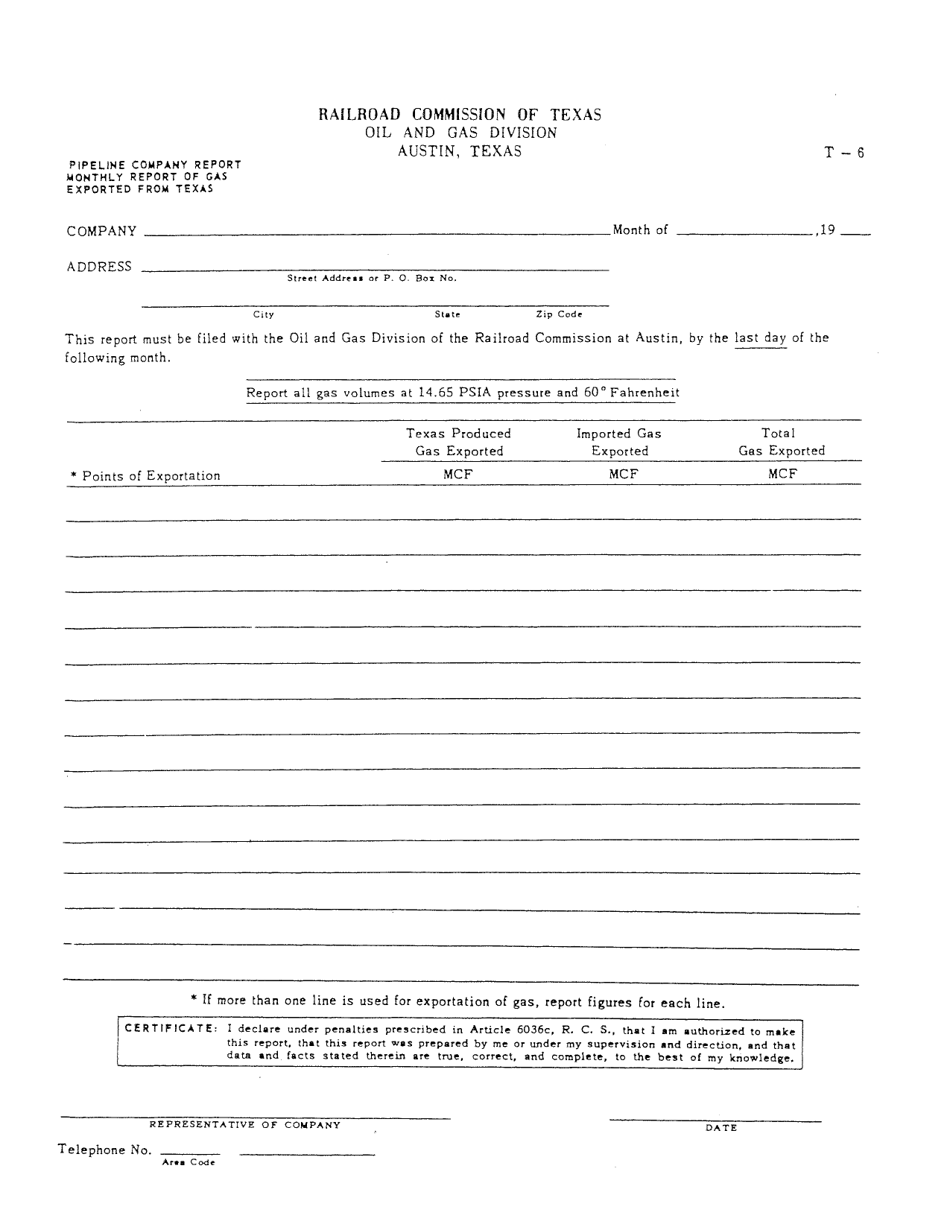 Form T-6 Pipeline Company Monthly Report of Gas Exported From Texas - Texas, Page 1