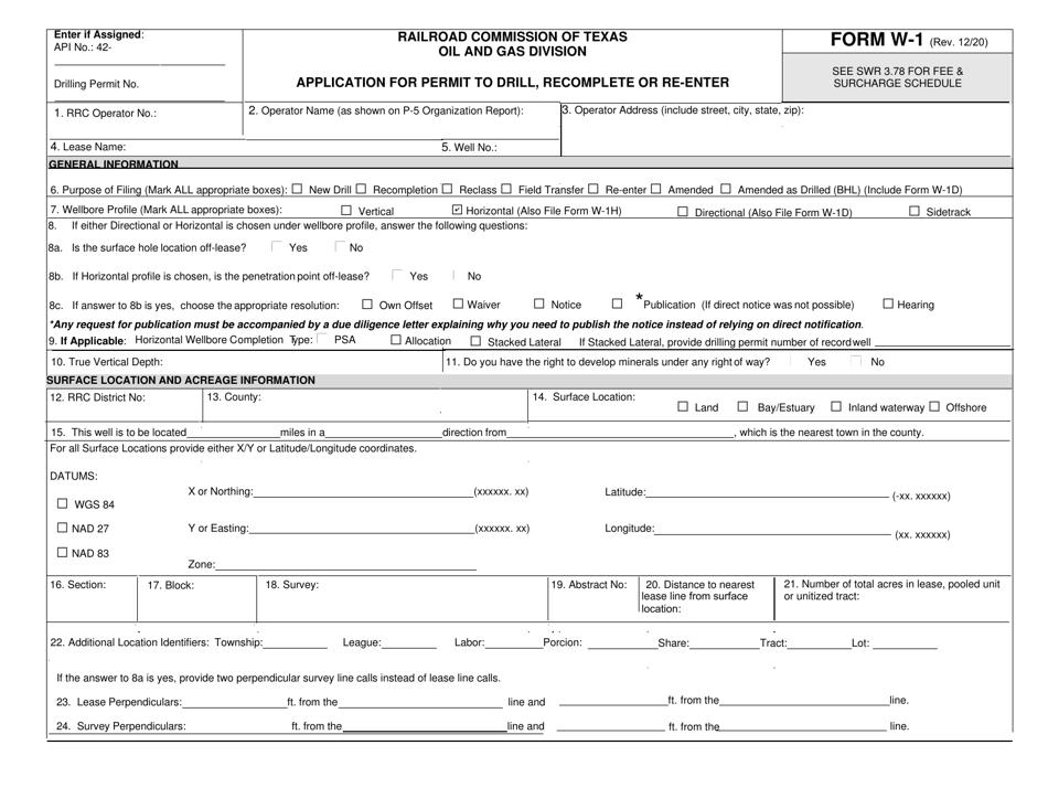 Form W-1 Application for Permit to Drill, Recomplete or Re-enter - Texas, Page 1