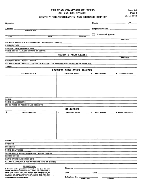 Form T-1 Page 1 Monthly Transportation and Storage Report - Receipts & Deliveries - Texas