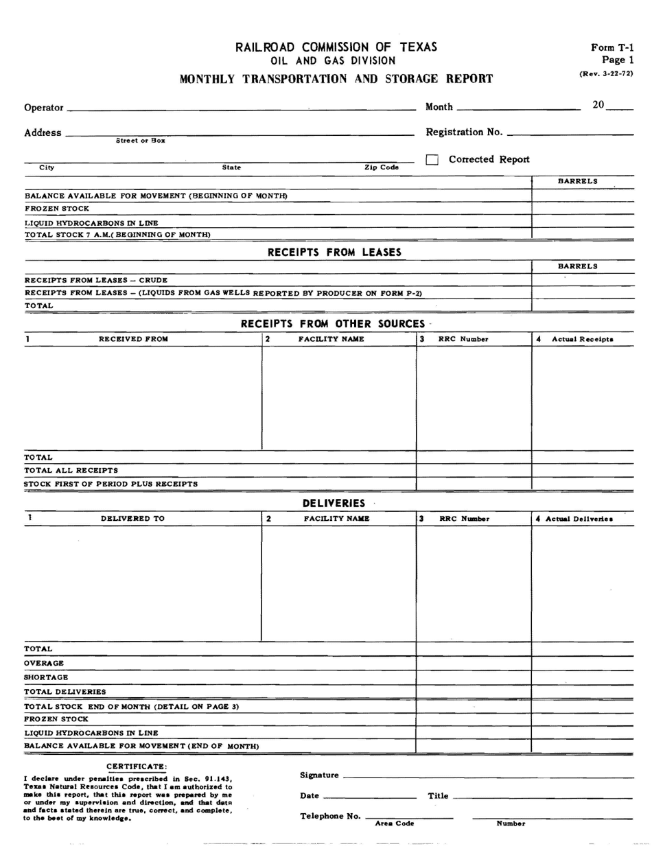 Form T-1 Page 1 Monthly Transportation and Storage Report - Receipts  Deliveries - Texas, Page 1