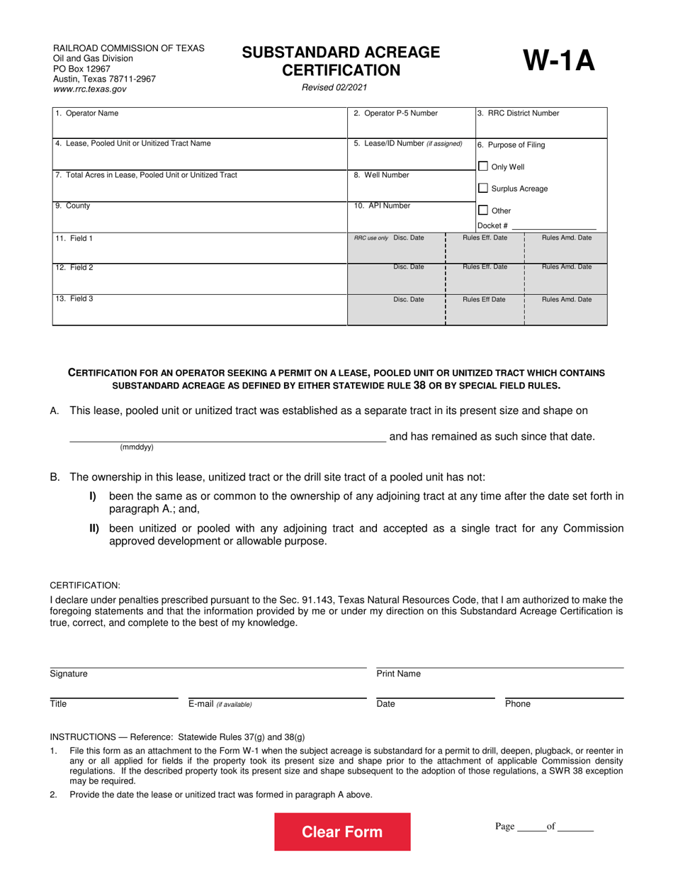 Form W-1A Substandard Acreage Certification - Texas, Page 1