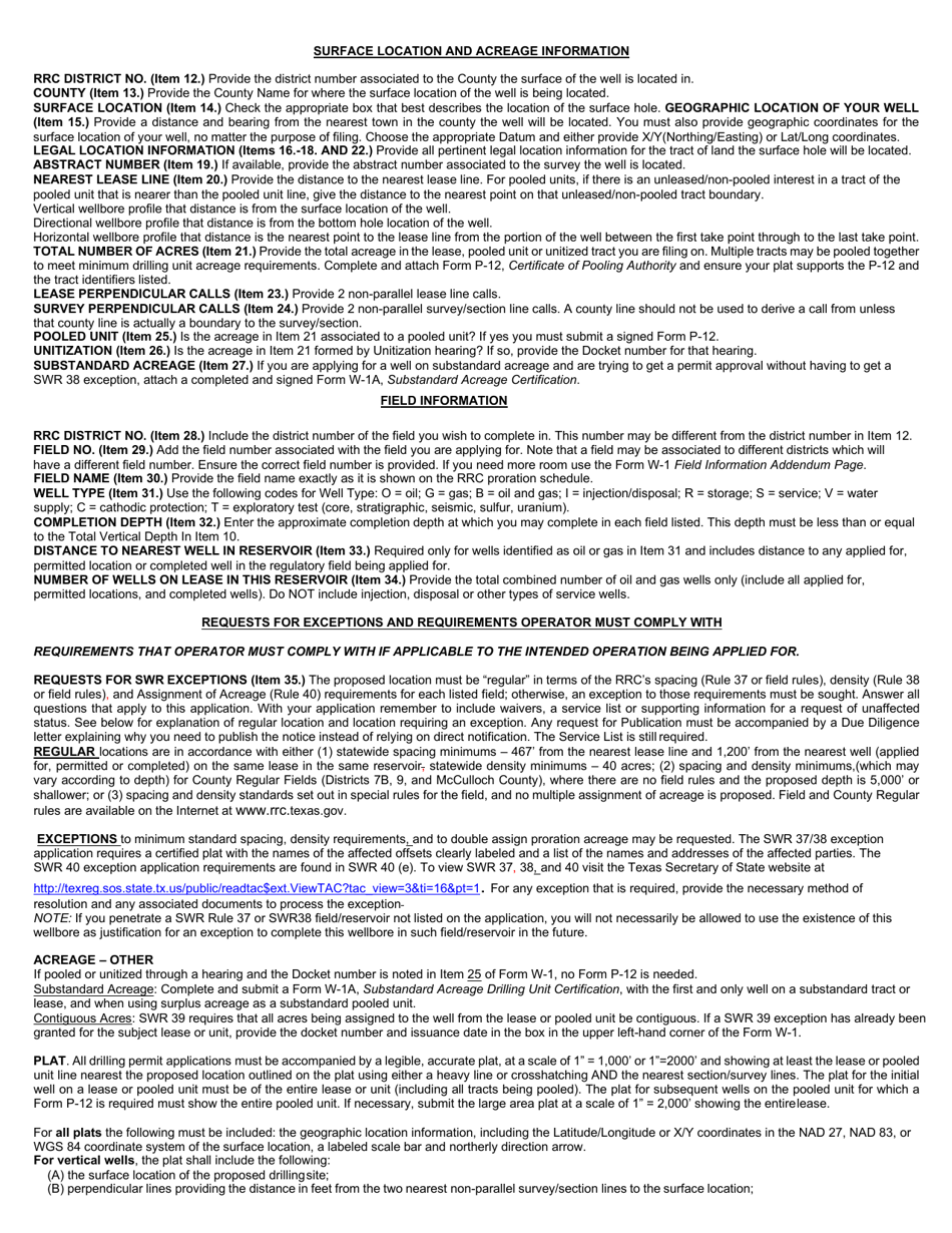 Instructions for Form W-1 Application for Permit to Drill, Recomplete or Re-enter - Texas, Page 2