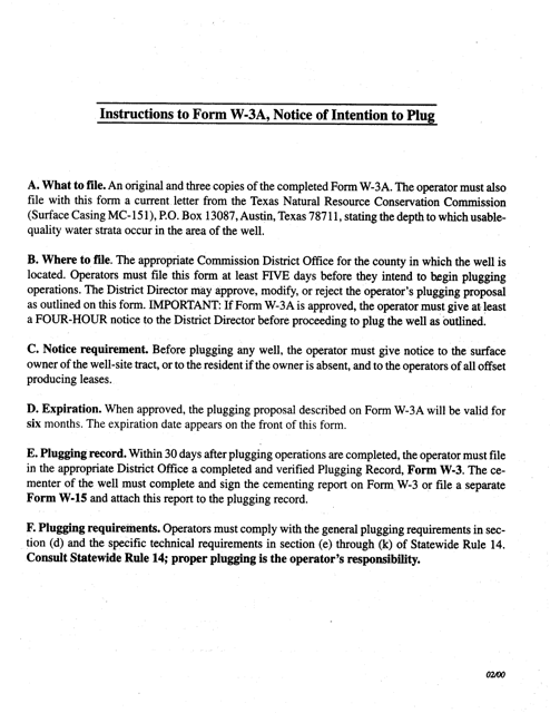 Instructions for Form W-3A Notice of Intention to Plug and Abandon - Texas