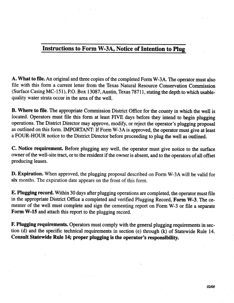 Instructions for Form W-3A Notice of Intention to Plug and Abandon - Texas, Page 1