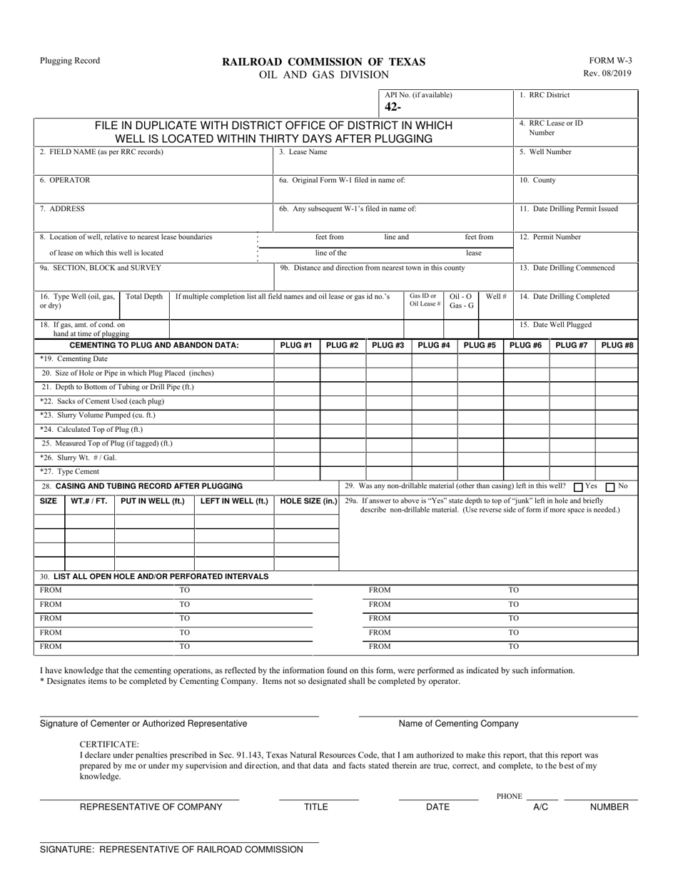 Form W-3 Plugging Record - Texas, Page 1