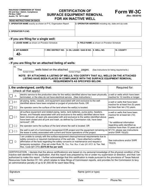 Form W-3C Certification of Surface Equipment Removal for an Inactive Well - Texas